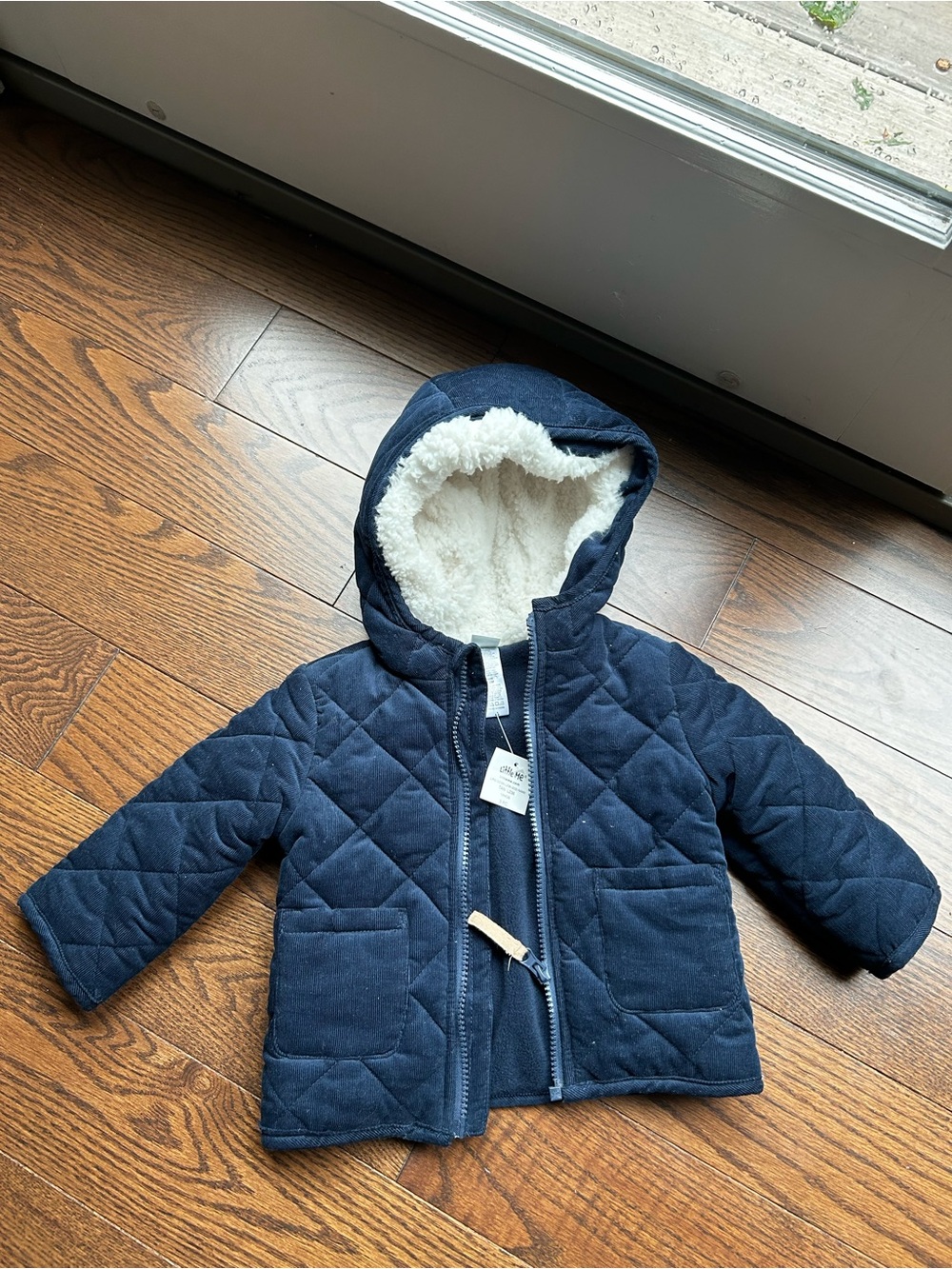 Little Me Navy Quilted Hooded Puffer Jacket with Sherpa Lining